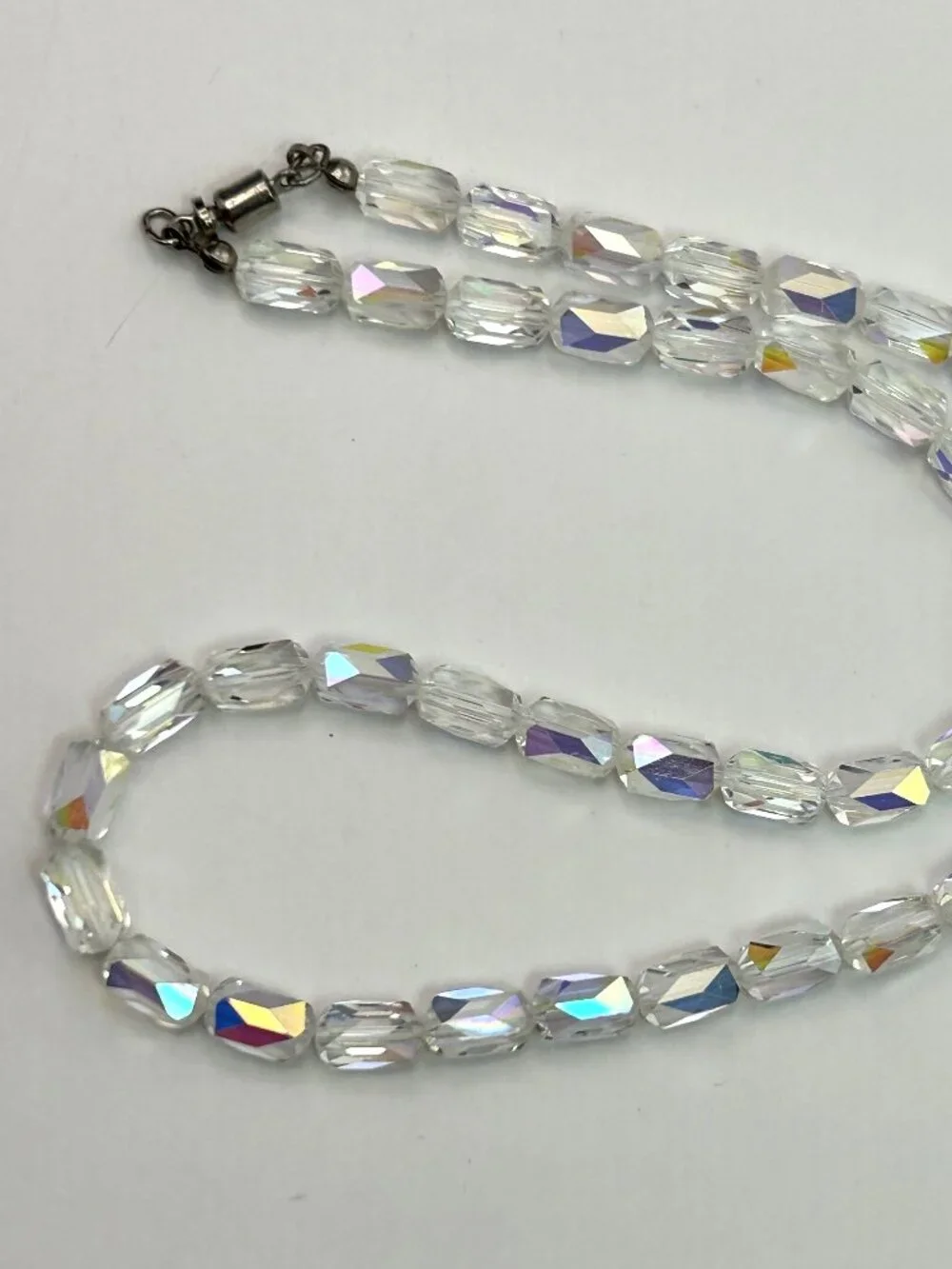 Vintage AB Crystal Rainbow Barrel Bead Necklace Aurora Borealis 16”